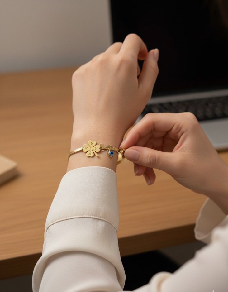 Kişiye Özel Baş Harfli Çelik Yonca Kalp Bileklik Çiftlere Özel - Görsel 4