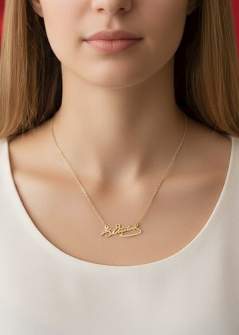 Atatürk İmzası Figürlü Çelik Kolye Gold Renk Zarif Şık Tasarım - Görsel 2