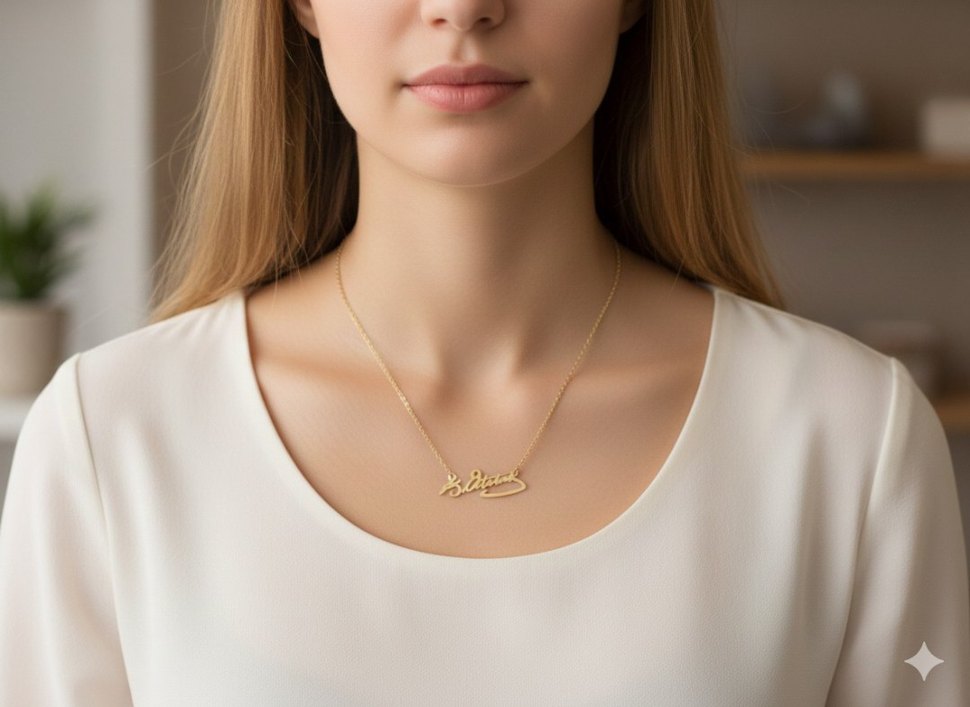 Atatürk İmzası Figürlü Çelik Kolye Gold Renk Zarif Şık Tasarım - Görsel 3