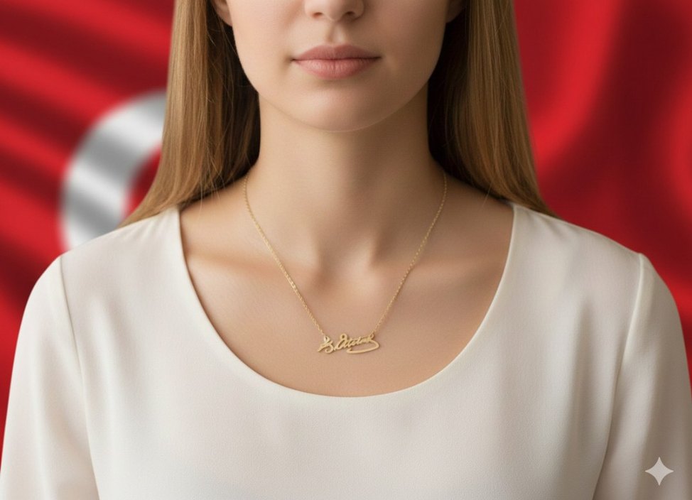 Atatürk İmzası Figürlü Çelik Kolye Gold Renk Zarif Şık Tasarım - Görsel 2