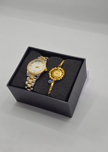 Altın Renkli Klasik Kadın Kol Saati ve Boncuklu Bileklik Seti - Görsel 3