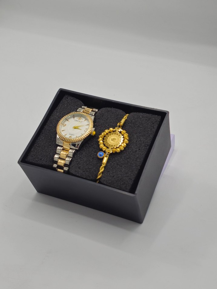 Altın Renkli Klasik Kadın Kol Saati ve Boncuklu Bileklik Seti - Görsel 3