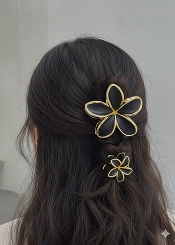 Siyah Gold Çiçek Desenli Mandal Toka Seti Şık & Zarif Saç Tokası - Görsel 2