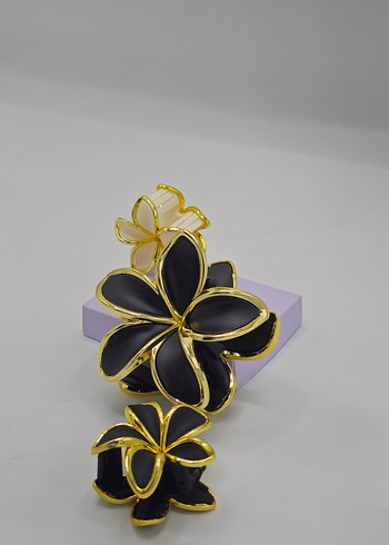 Siyah Gold Çiçek Desenli Mandal Toka Seti Şık & Zarif Saç Tokası - Görsel 3