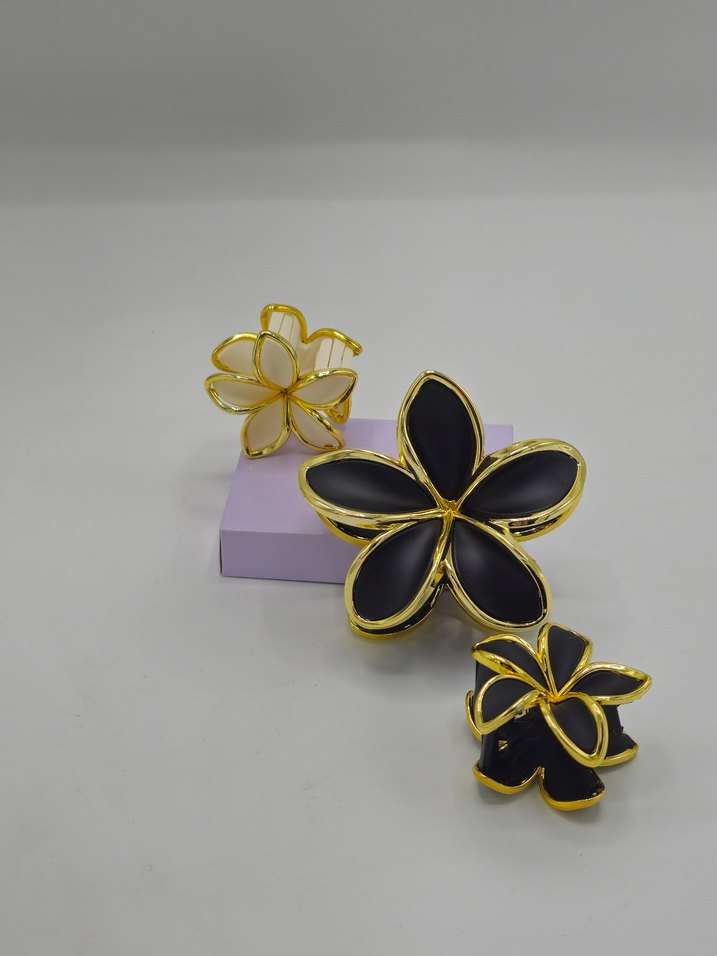 Siyah Gold Çiçek Desenli Mandal Toka Seti Şık & Zarif Saç Tokası - Görsel 4