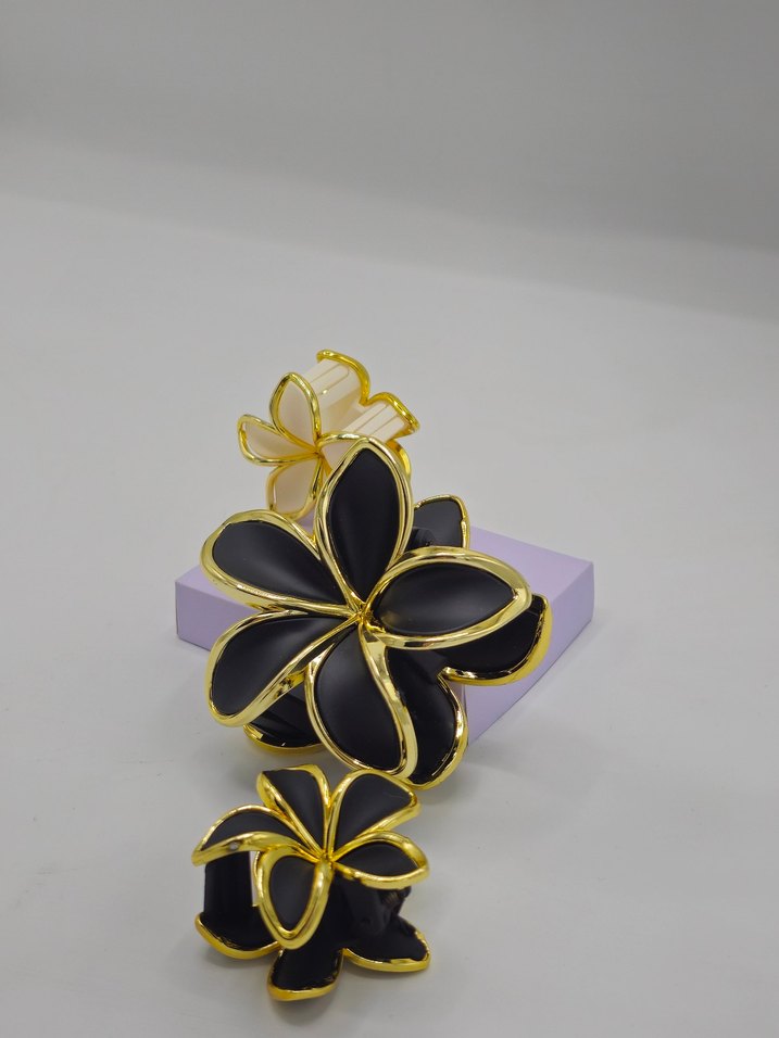 Siyah Gold Çiçek Desenli Mandal Toka Seti Şık & Zarif Saç Tokası - Görsel 3