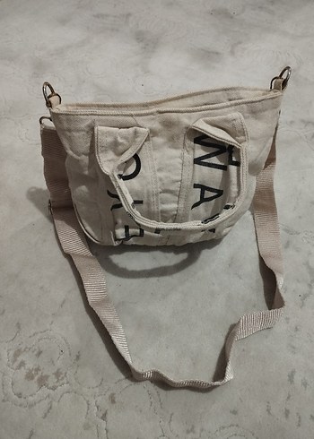 Beyaz Baskılı Keten Fermuarlı Kadın Çanta - Görsel 3