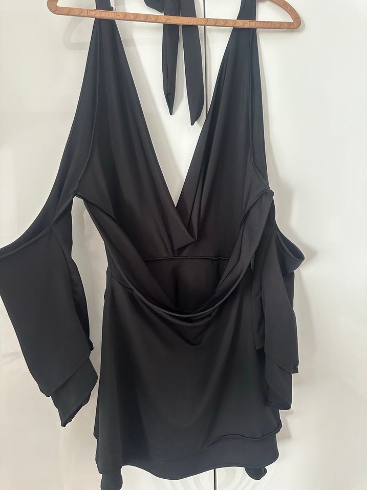 Siyah V Yaka Drapeli Uzun Abiye Elbise - Görsel 3