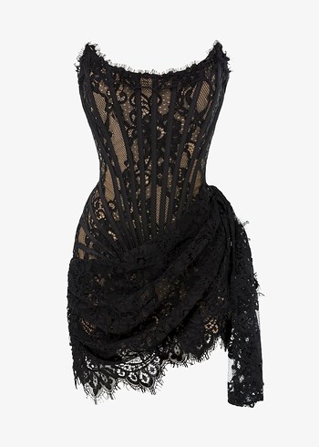 Siyah Dantel Straplez elbise - Görsel 5