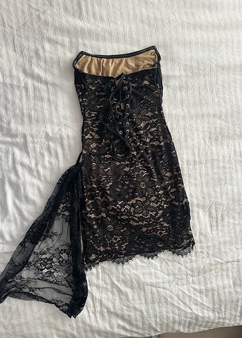 Siyah Dantel Straplez elbise - Görsel 9