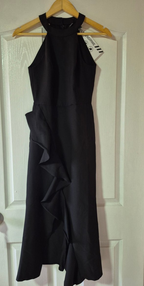 Siyah Uzun Fırfırlı Kadın Kokteyl Elbisesi - Görsel 2