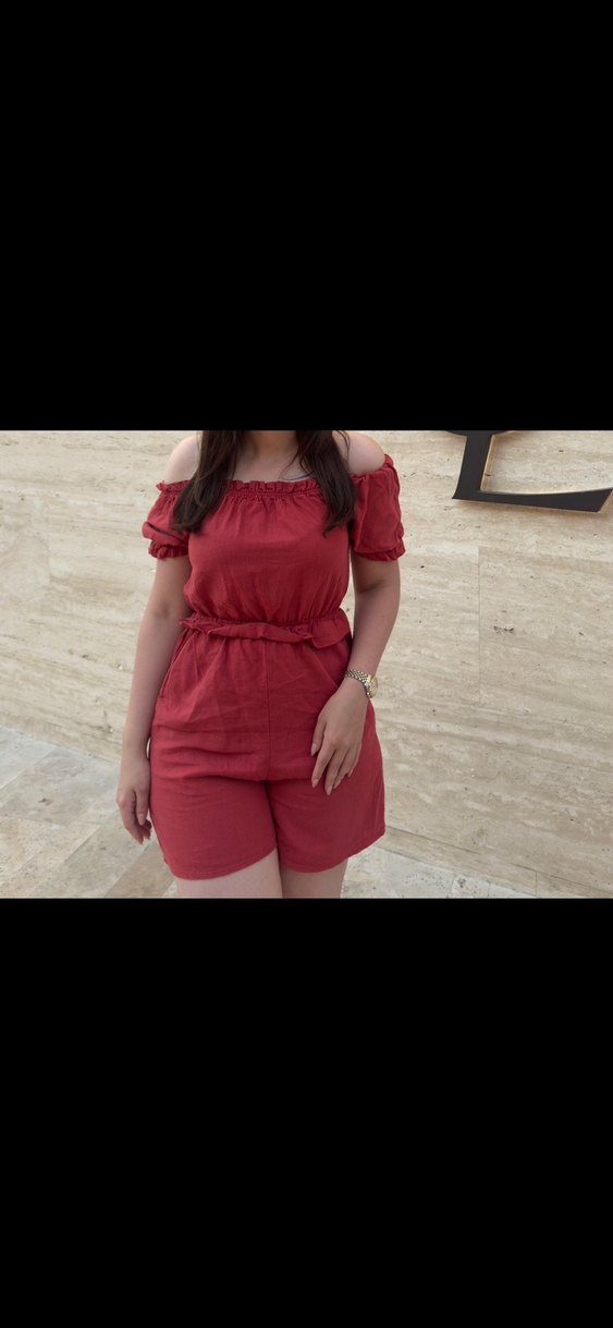 Kırmızı Kemerli Keten Mini Tulum - Görsel 3