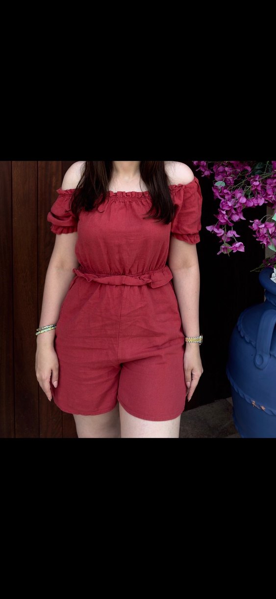 Kırmızı Kemerli Keten Mini Tulum - Görsel 2