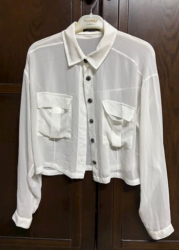 Düğmeli Beyaz Keten Kadın Gömlek - Görsel 2