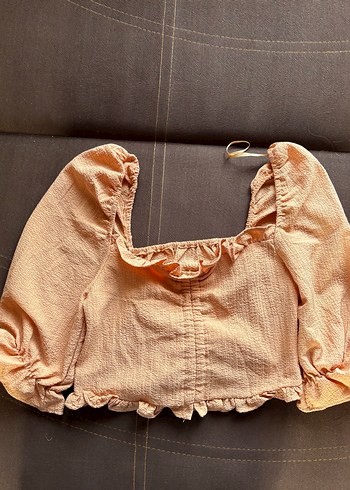 Bej Keten Mini Bluz, Fırfırlı, Nakışlı - Görsel 2