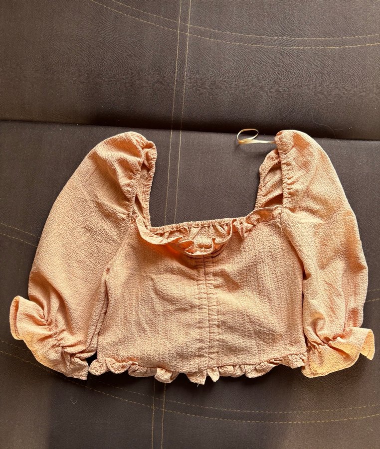 Bej Keten Mini Bluz, Fırfırlı, Nakışlı - Görsel 2