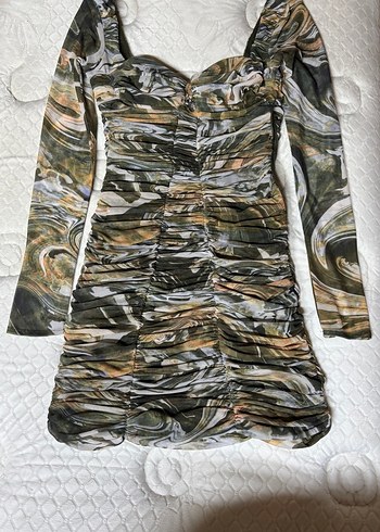 Drapeli Bağlama Desenli Uzun Kollu Straplez Elbise - Görsel 2