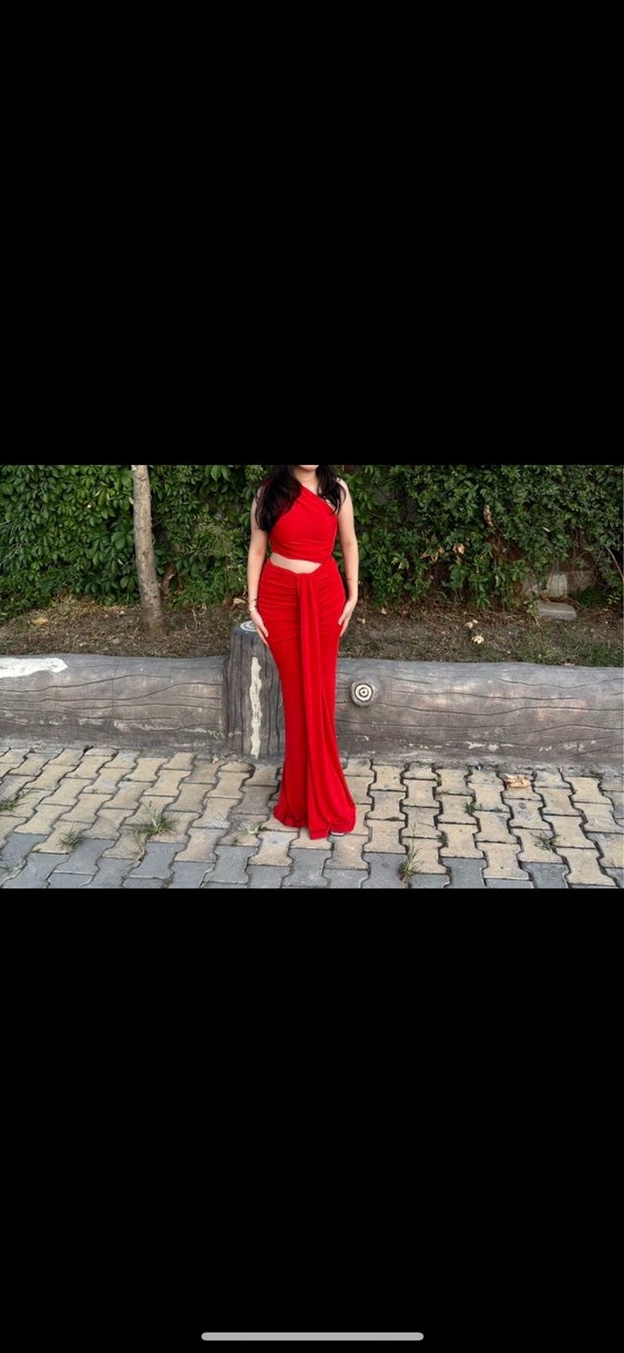 Kadın Kırmızı Drapeli Uzun Elbise - Görsel 2