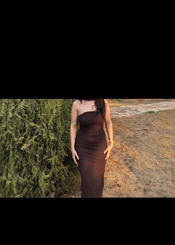 Kahverengi Uzun Drapeli Straplez Elbise - Görsel 2