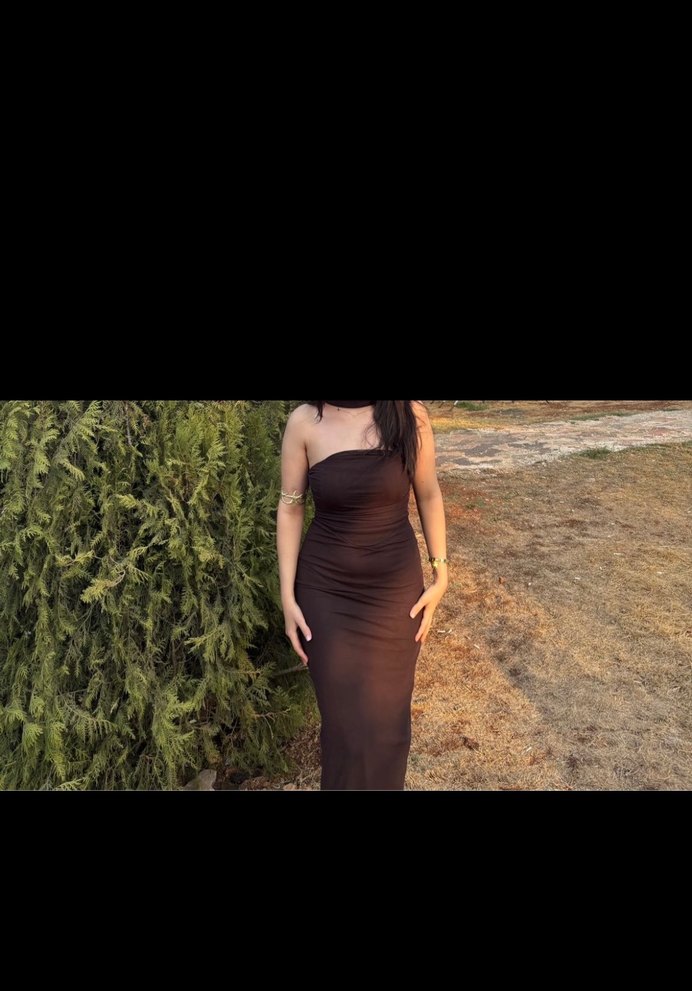 Kahverengi Uzun Drapeli Straplez Elbise - Görsel 2