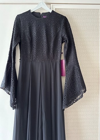 Dantel Detaylı Siyah Uzun Kadın Elbise - Görsel 4