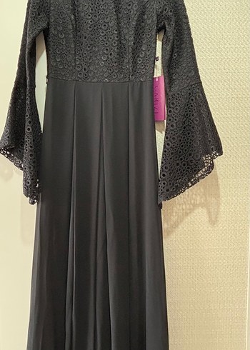 Dantel Detaylı Siyah Uzun Kadın Elbise - Görsel 3
