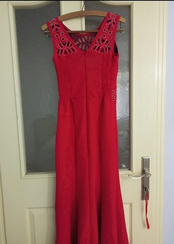 Kırmızı Uzun Elbise ve Ceket Takım - Görsel 3