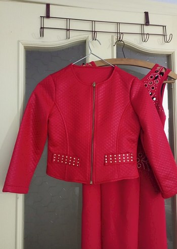 Kırmızı Uzun Elbise ve Ceket Takım - Görsel 5