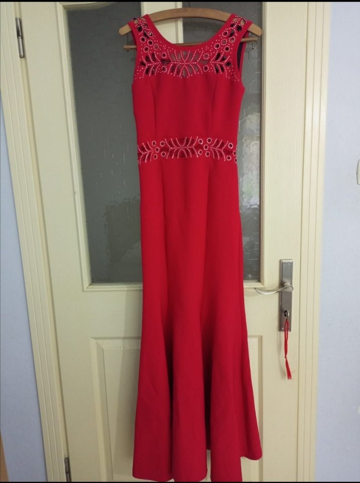 Kırmızı Uzun Elbise ve Ceket Takım - Görsel 2