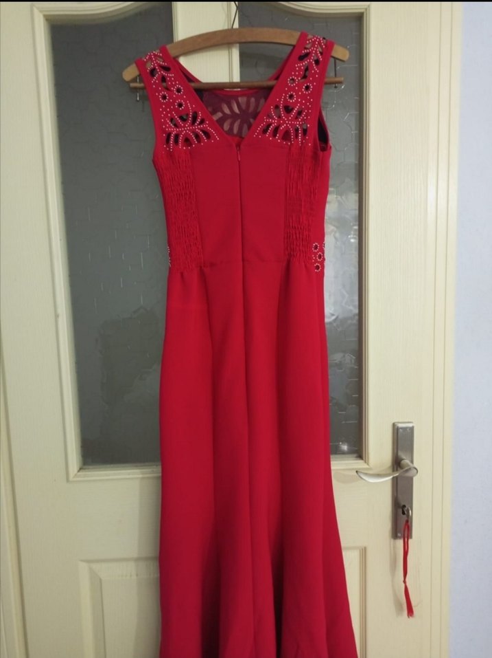 Kırmızı Uzun Elbise ve Ceket Takım - Görsel 3