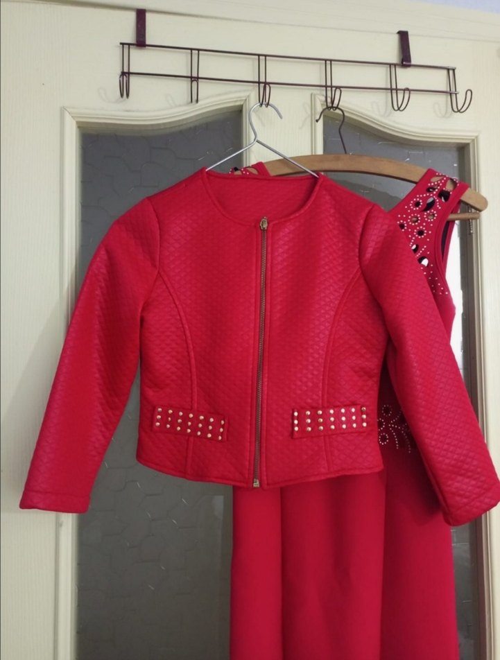 Kırmızı Uzun Elbise ve Ceket Takım - Görsel 5