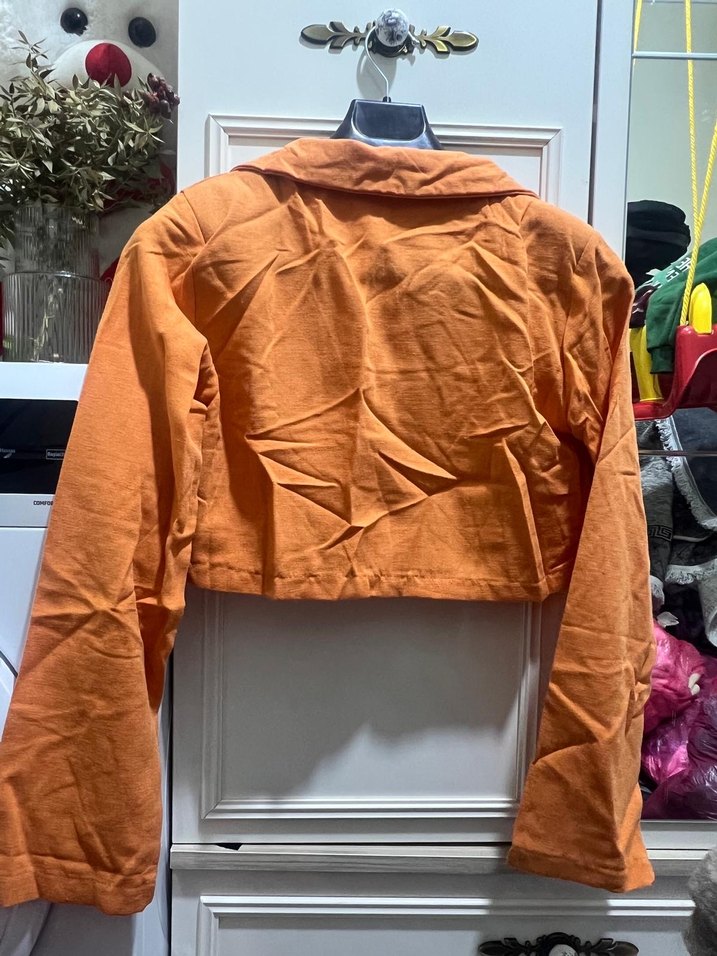 Kadın Turuncu Keten Düğmeli Ceket - Görsel 2