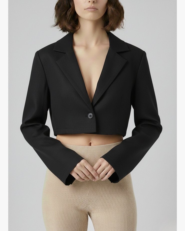 Düğmeli Siyah Uzun Kollu Keten Kadın Takım - Görsel 2