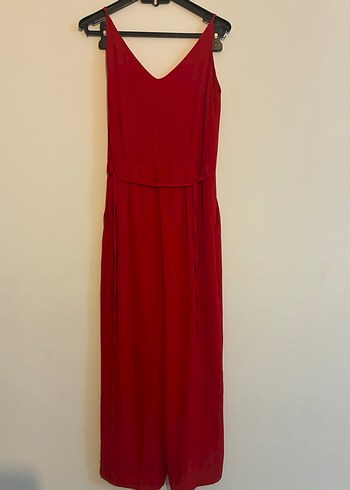 Kadın Kırmızı V Yaka Uzun Tulum - Görsel 2