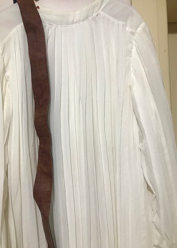 Beyaz Pileli Uzun Keten Elbise - Görsel 2