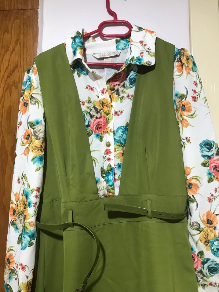 Yeşil  Kemerli Uzun Bohem Elbise - Görsel 2