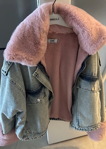 Pembe Kürklü Gri Denim Ceket