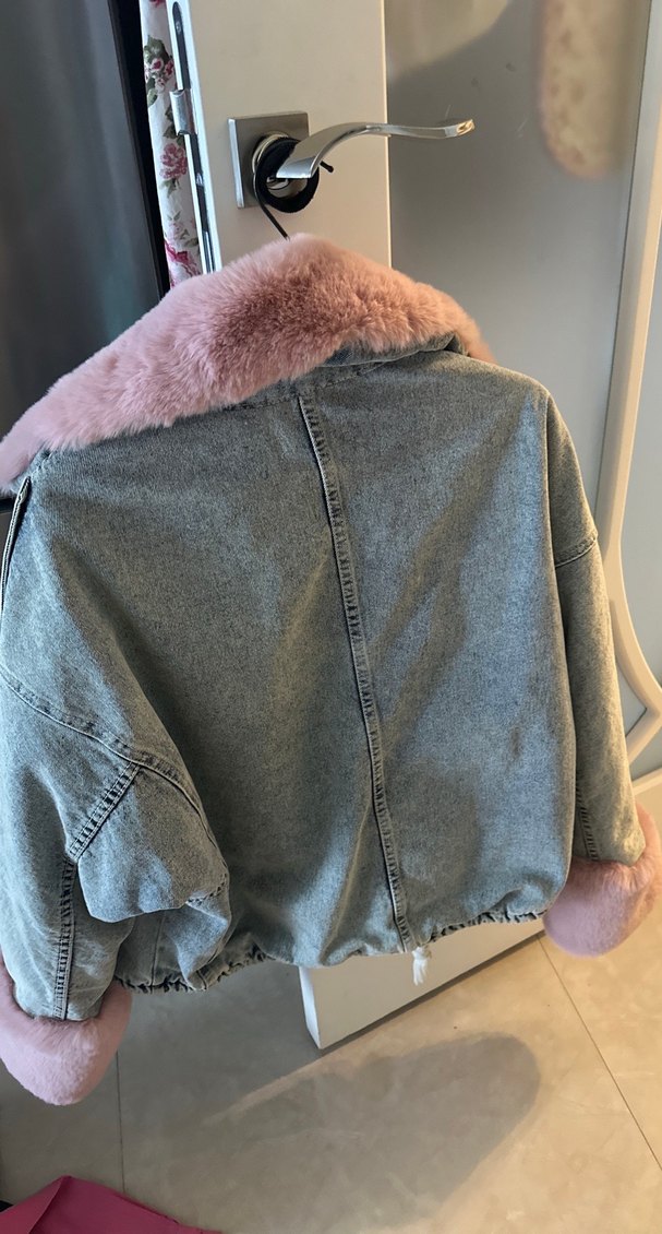 Pembe Kürklü Gri Denim Ceket - Görsel 3