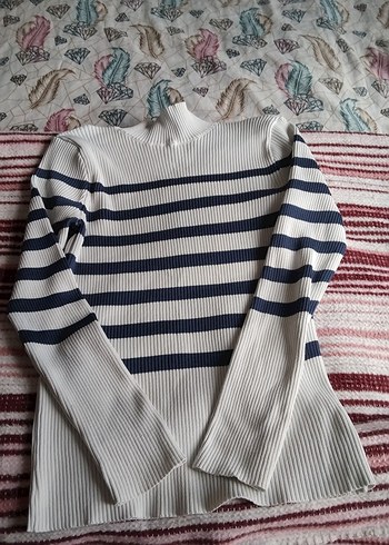 Çizgili Boğazlı Triko Kadın Kazak - Görsel 3