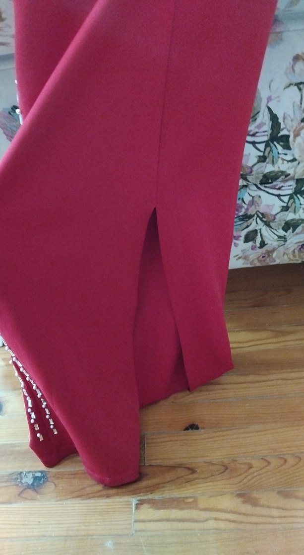 İnci İşlemeli Kırmızı Uzun Abiye Elbise - Görsel 5