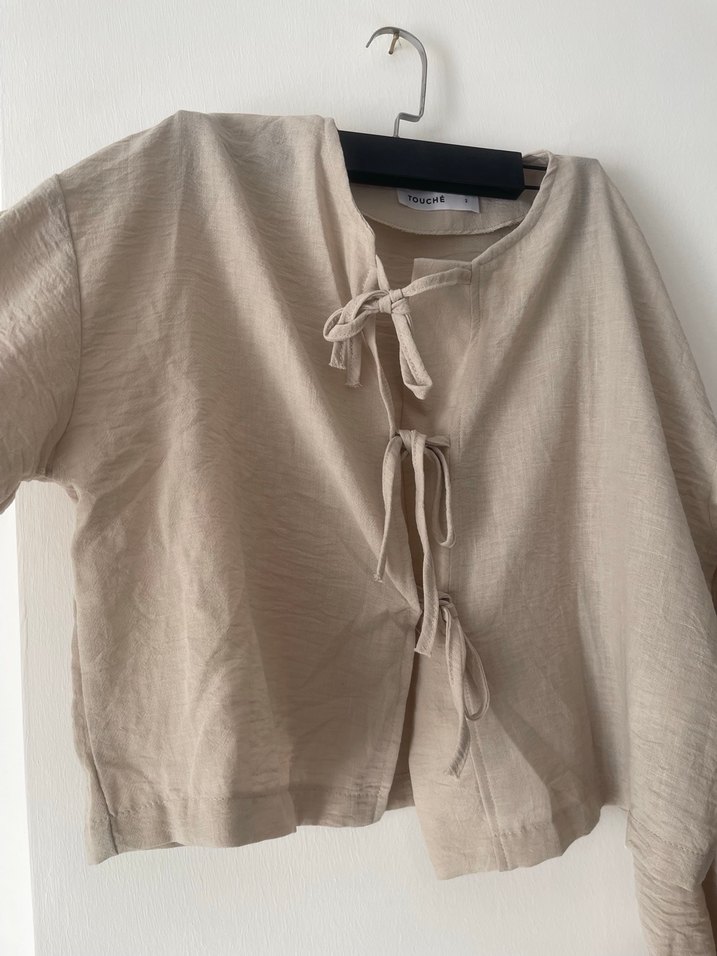 Bej Keten Kadın Bluz Bağcıklı - Görsel 2