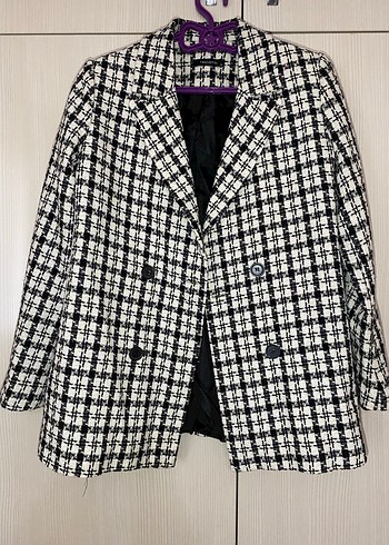 Ekoseli Beyaz Kadın Blazer Ceket - Görsel 3