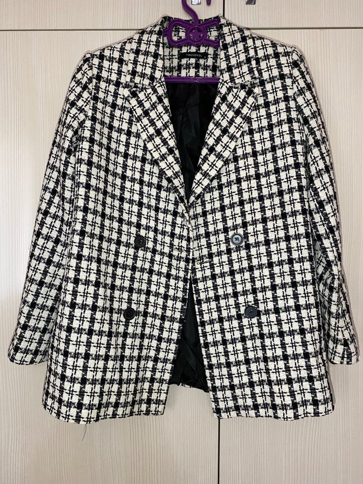 Ekoseli Beyaz Kadın Blazer Ceket - Görsel 3