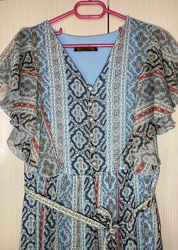 Bohem Renkli Uzun V Yaka Elbise - Görsel 3