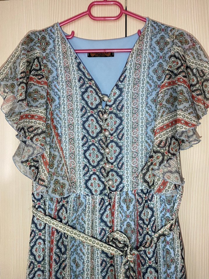 Bohem Renkli Uzun V Yaka Elbise - Görsel 3