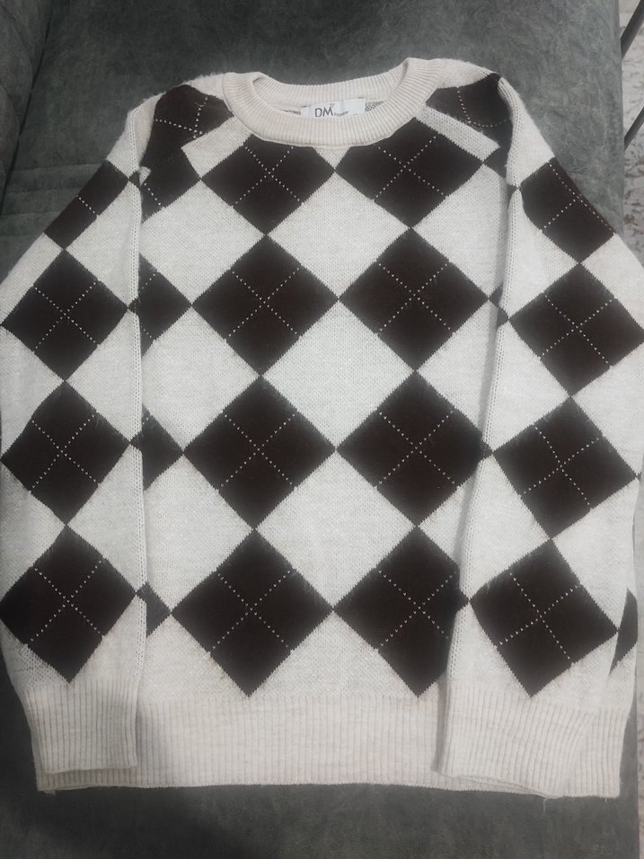 Kahverengi Ekose Desenli Kadın Triko Kazak - Görsel 2