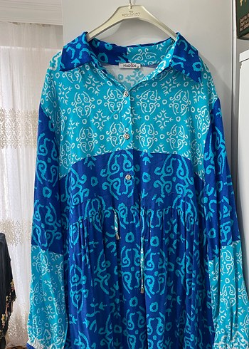 Mavi Batik Desenli Uzun Kadın Elbise - Görsel 2