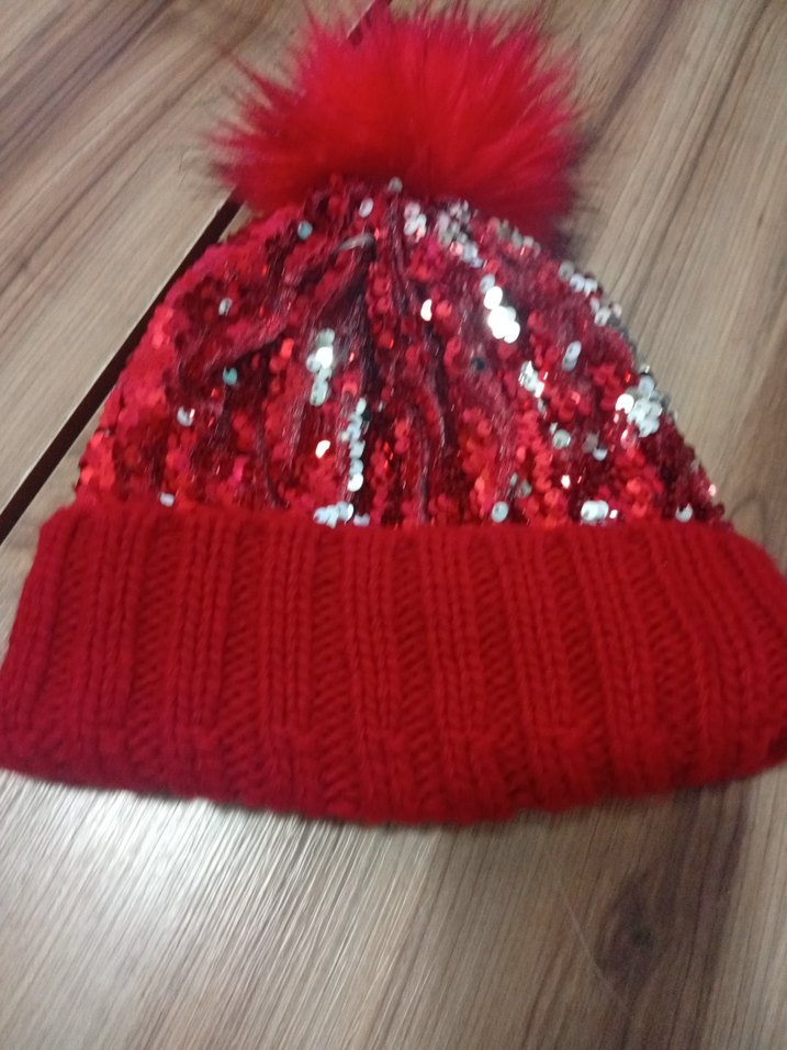 Kırmızı Payetli Kürklü Kadın Bere - Görsel 3