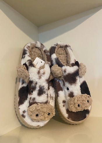 Leopar Desenli Kadın Peluş Ev Terliği İnek Desenli - Görsel 2