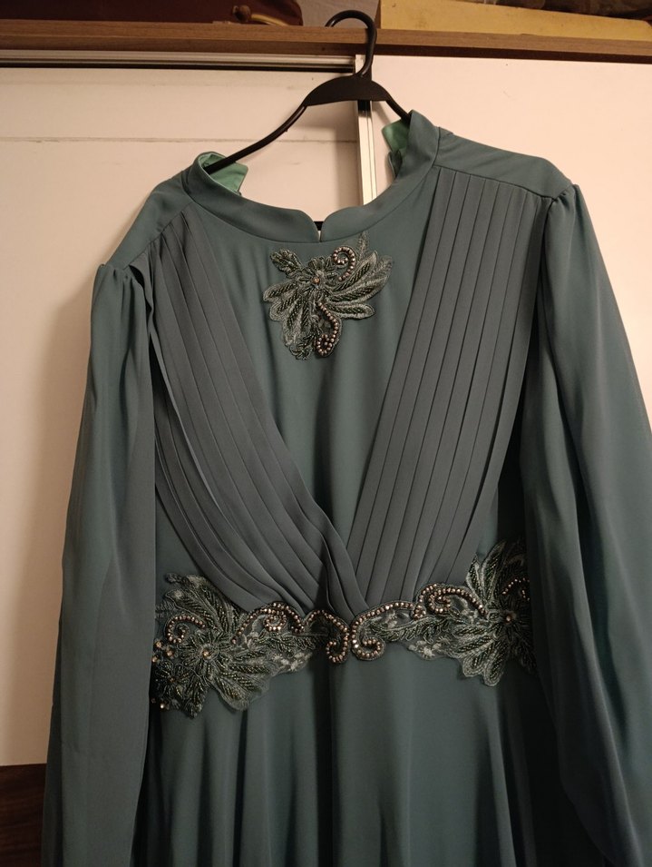 Nakışlı Uzun Turkuaz Kadın Abiye Elbise - Görsel 2